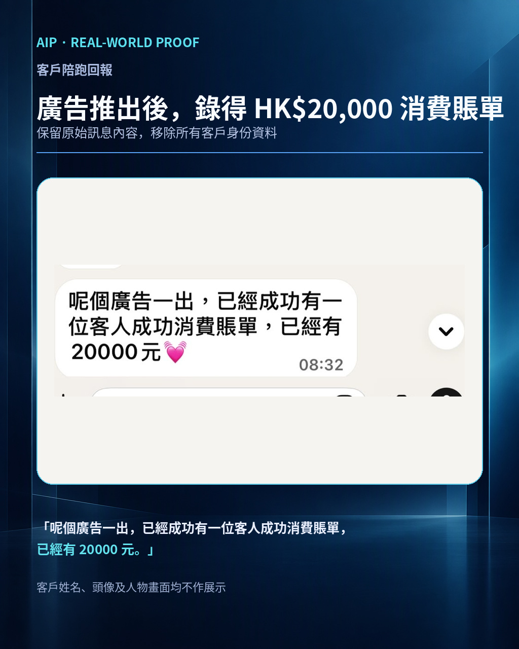 客戶回報廣告推出後錄得二萬元消費賬單，已移除所有身份資料
